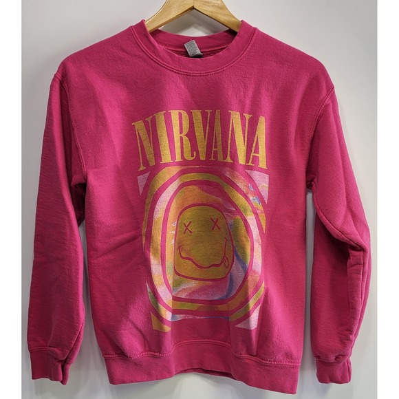 Gildan Tops - Nirvana Graphic Sweatshirt Unisex Small Pink Smiley Face Tie Dye Logo